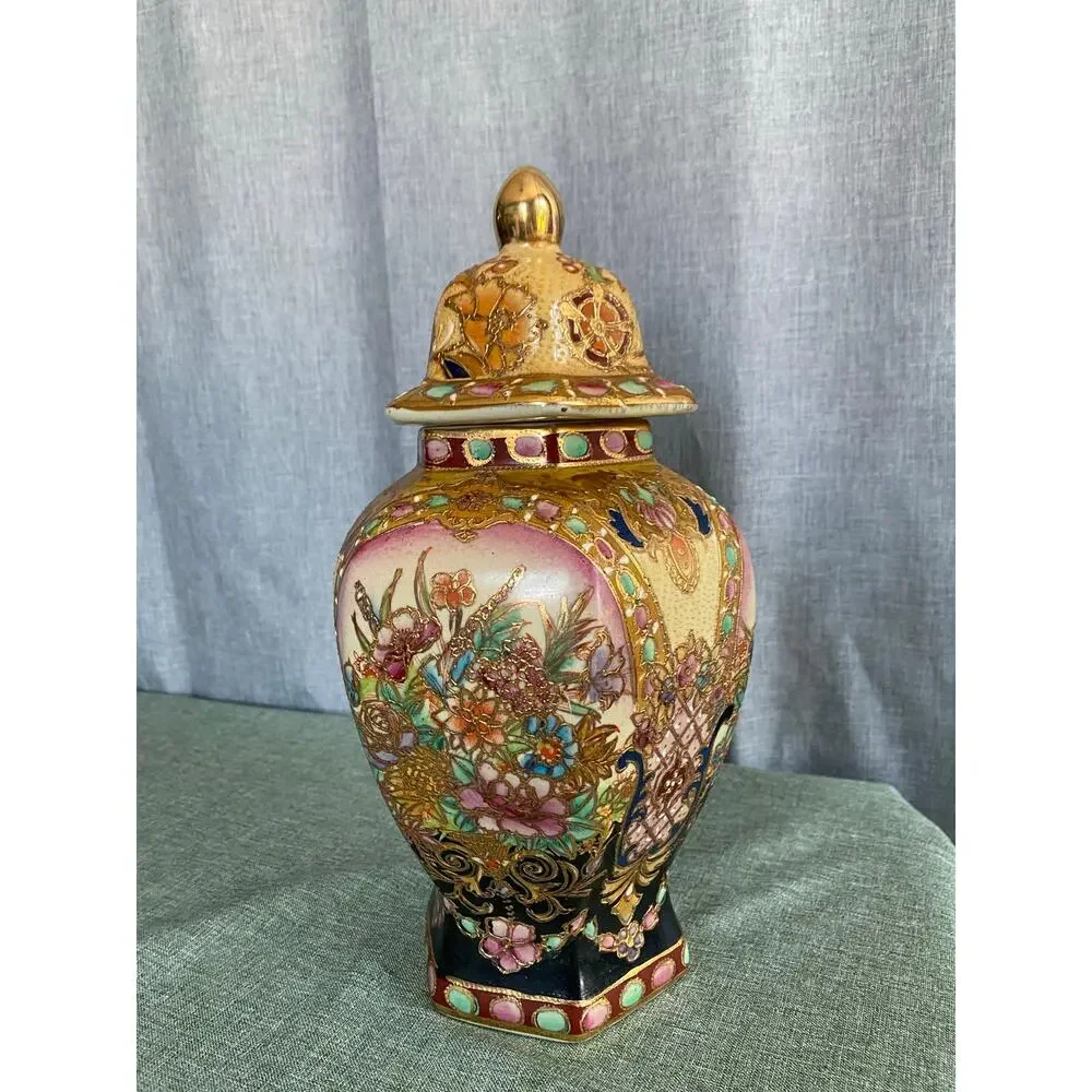 Vintage Satsuma Style Hexagonal Temple Jar Lidded Urn Floral Moriage Gold Gilt